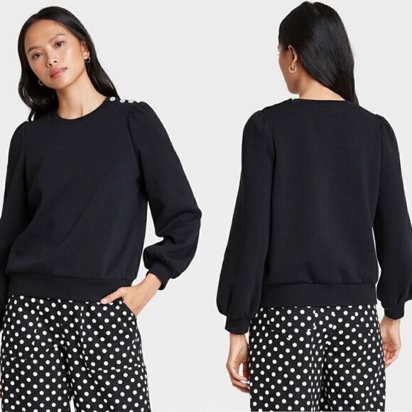 Who What Wear Puff Sleeve Rhinestone Embellished Sweatshirt Black S - Picture 1 of 8